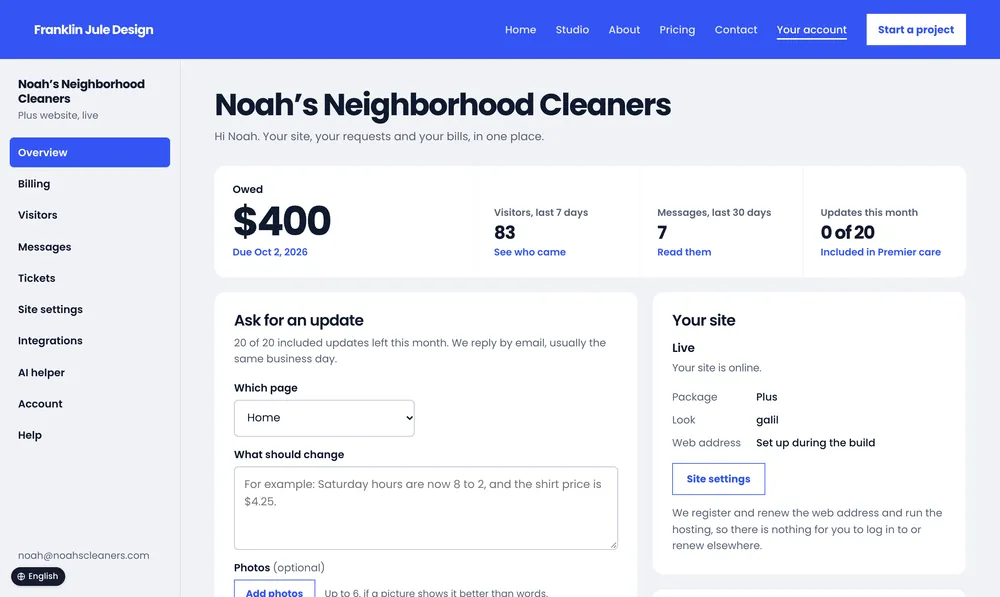 Noah’s Neighborhood Cleaners: the account Dashboard.