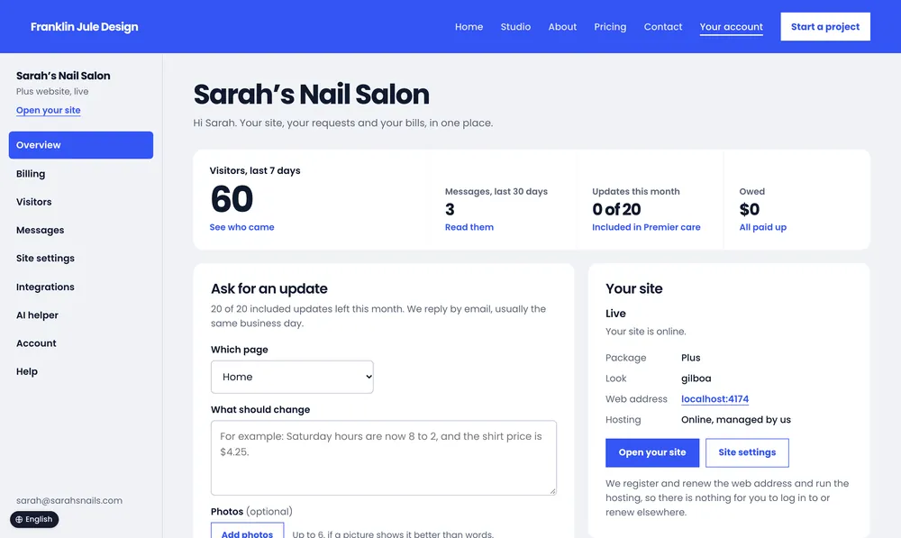 Sarah’s Nail Salon: the account Dashboard.