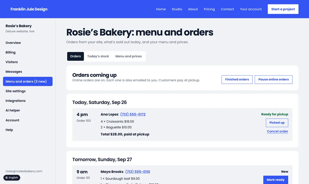Rosie’s Bakery: order-ahead orders for today and tomorrow.