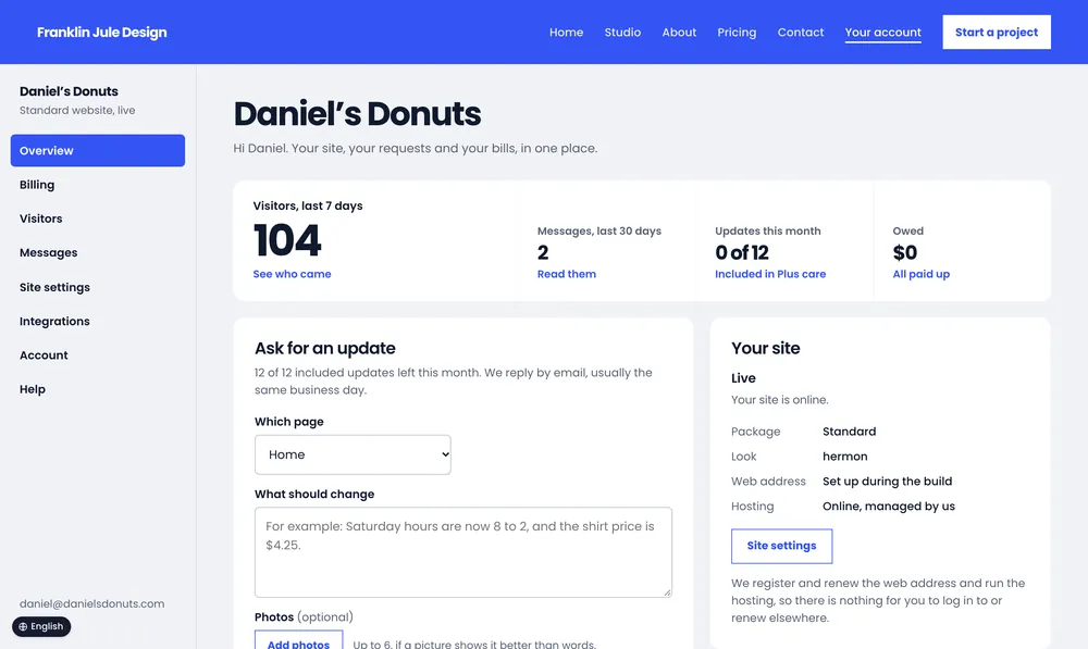 Daniel’s Donuts: the account Dashboard.