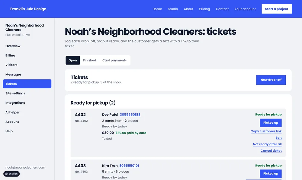 Noah’s Neighborhood Cleaners: drop-off tickets ready for pickup.