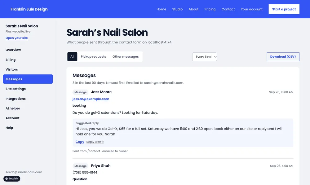 Sarah’s Nail Salon: messages from the website.