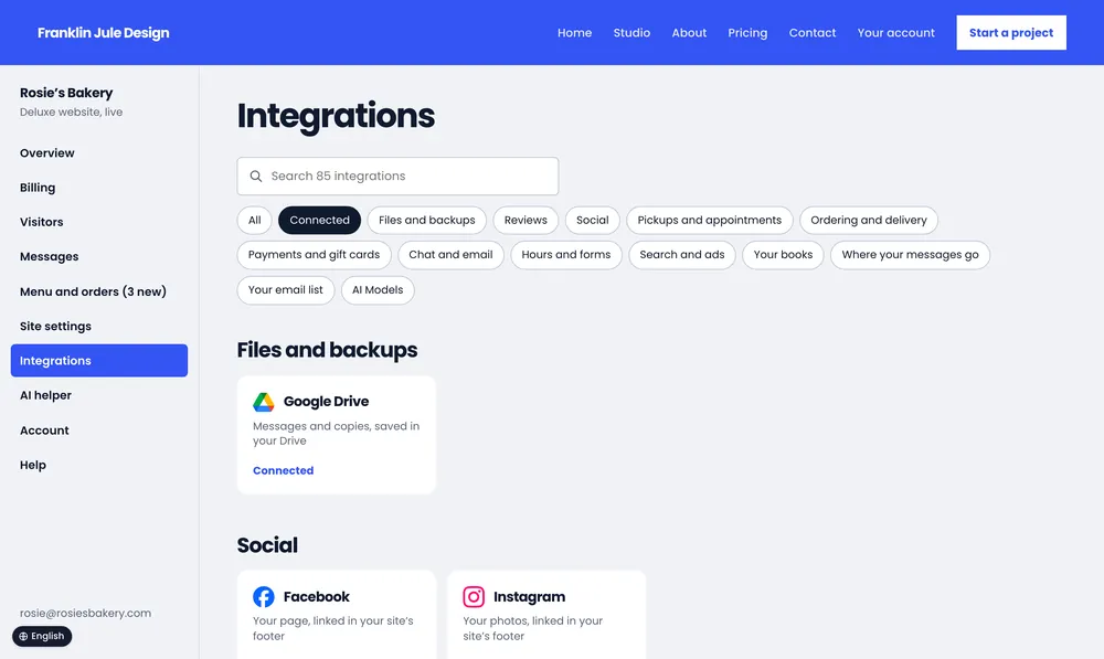 Rosie’s Bakery: the Integrations page showing the apps connected.