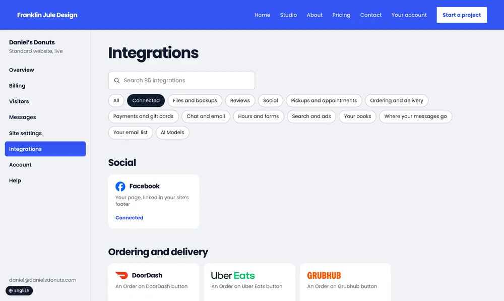 Daniel’s Donuts: the Integrations page showing the apps connected.