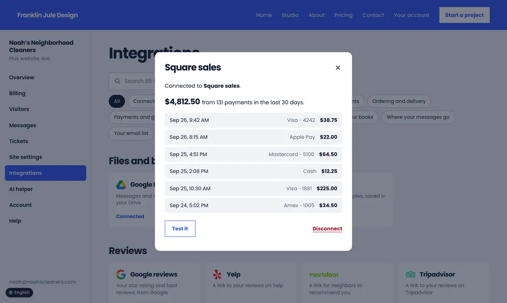 Noah’s Neighborhood Cleaners: the Square sales window with the last 30 days of payments.