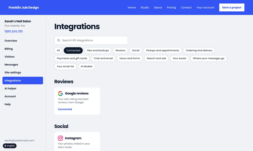 Sarah’s Nail Salon: the Integrations page showing the apps connected.