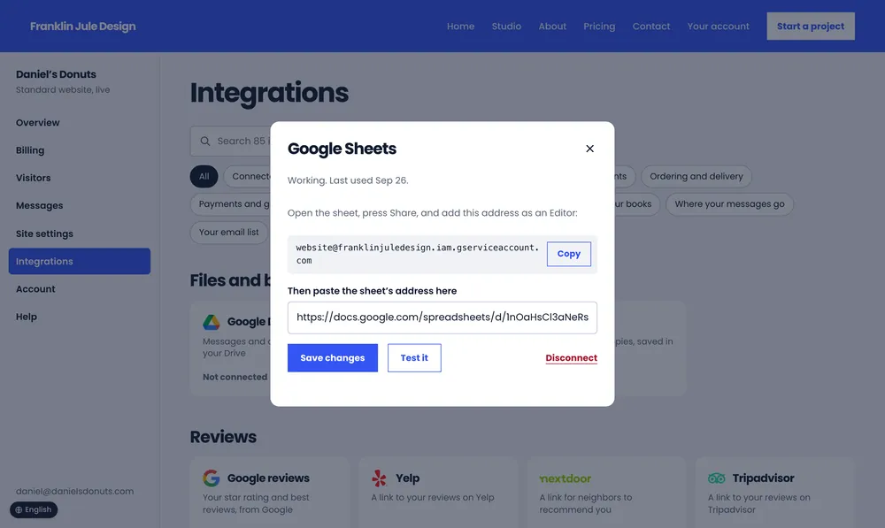 Daniel’s Donuts: the Google Sheets window where messages land.