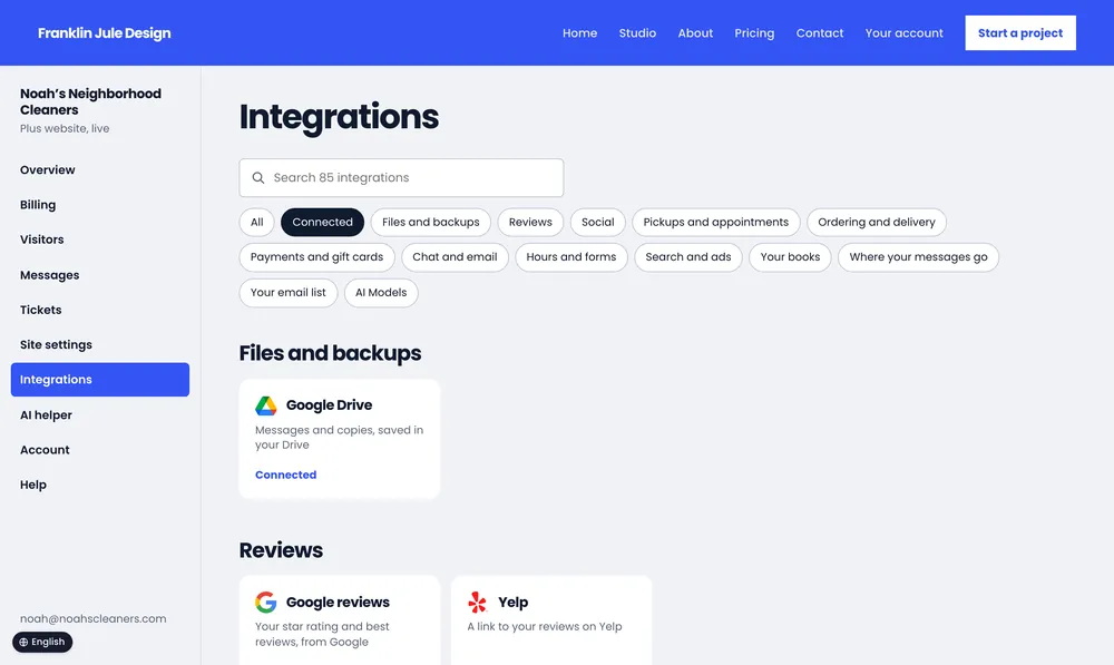 Noah’s Neighborhood Cleaners: the Integrations page showing the apps connected.