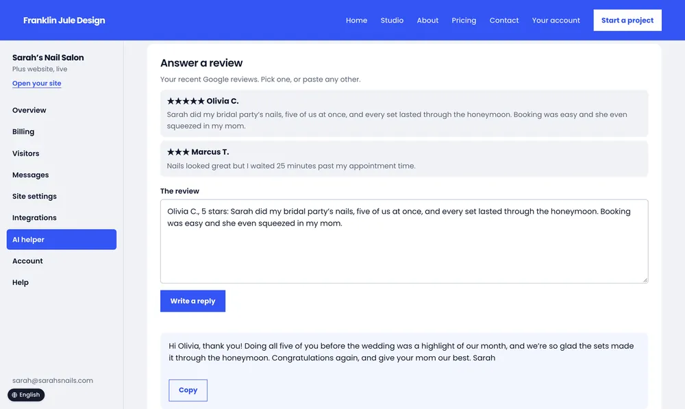 Sarah’s Nail Salon: the AI helper writing a reply to a five-star Google review.