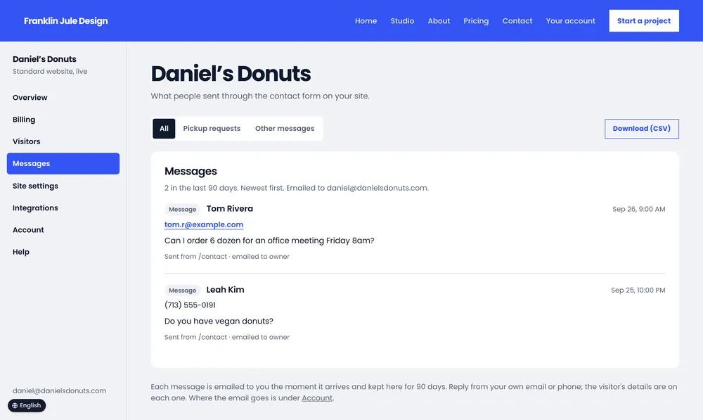 Daniel’s Donuts: messages from the website.