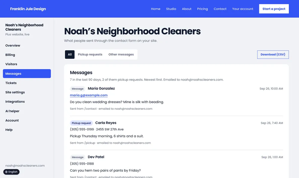 Noah’s Neighborhood Cleaners: messages from the website.