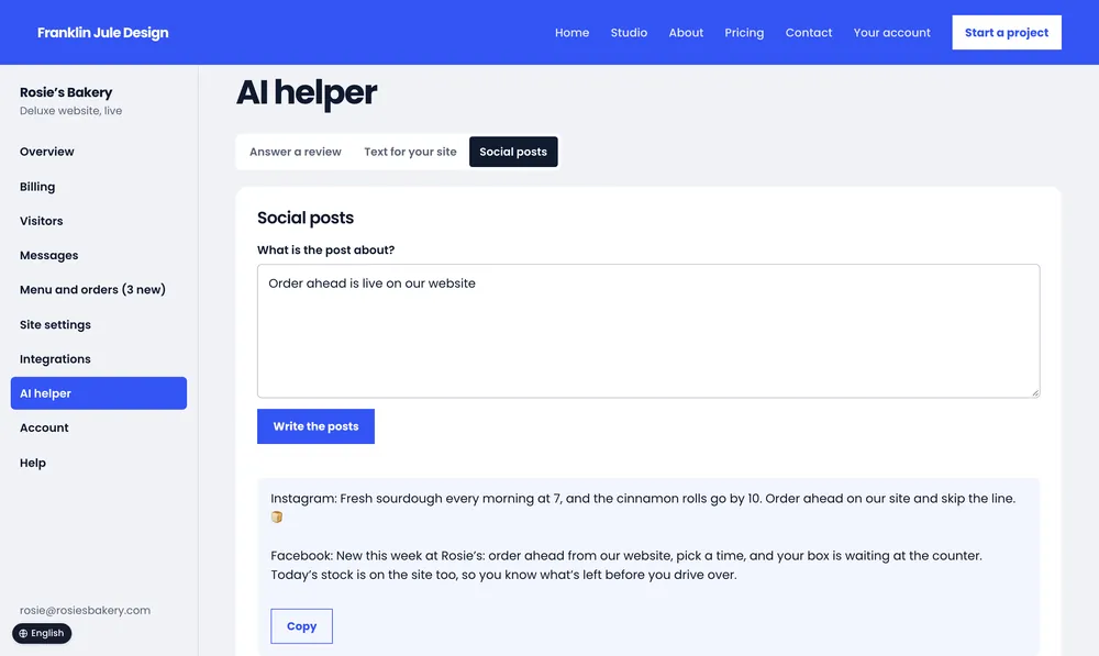 Rosie’s Bakery: the AI helper writing Instagram and Facebook posts.