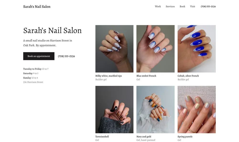 Sarah’s Nail Salon: the salon’s own website with its Book an appointment button.