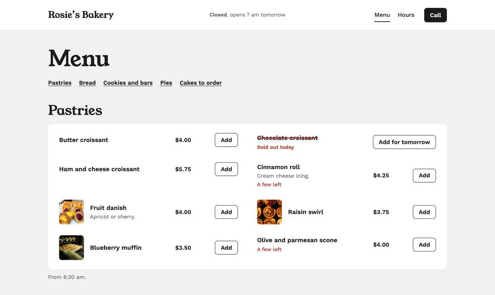 Rosie’s Bakery: the bakery’s menu page showing what is sold out and what is running low.