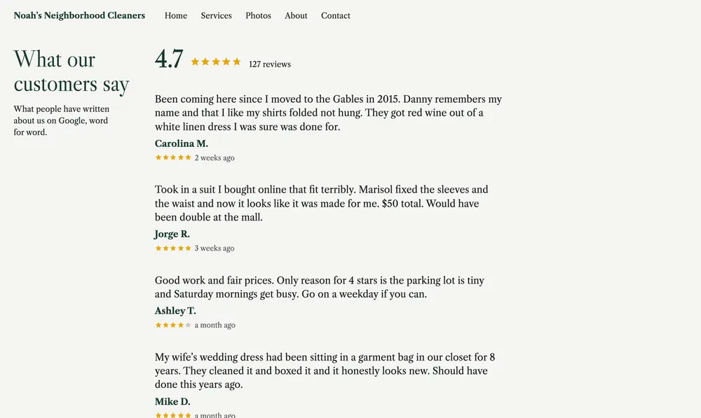 Noah’s Neighborhood Cleaners: the reviews page showing the Google rating and reviews.