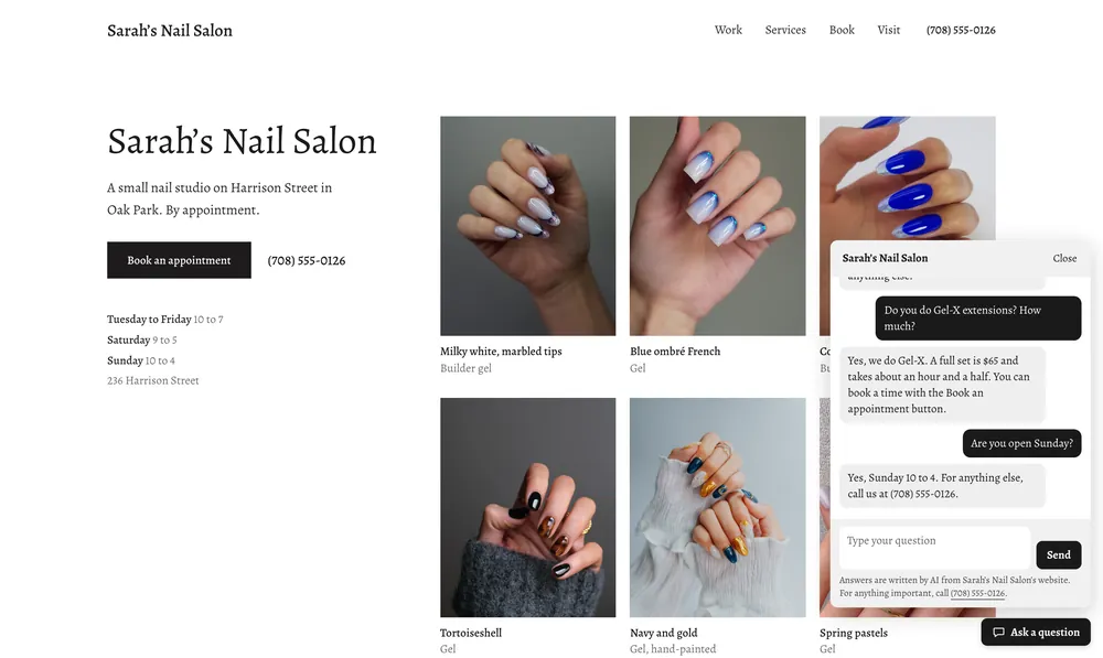 Sarah’s Nail Salon: the chat box on her website answering a question about Gel-X prices and Sunday hours, with a note that answers are written by AI.