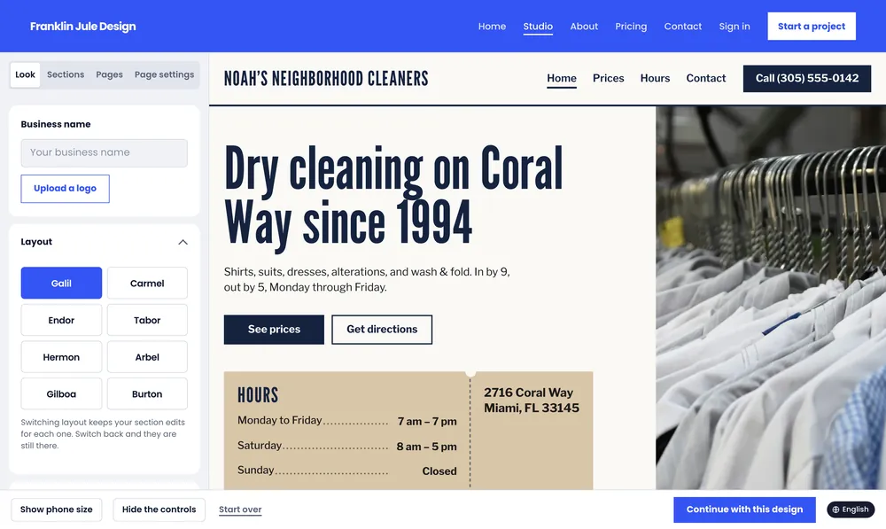 The Galil layout as it starts: the shop name and “Dry cleaning on Coral Way since 1994” in tall League Gothic on a white page, a photo of shirts on a rack at the right, the hours in a tan box.