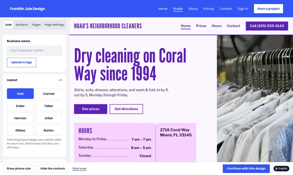 The same page with the Violet colors: deep violet lettering, menu and buttons on a pale lilac page, a pale pink hours box.