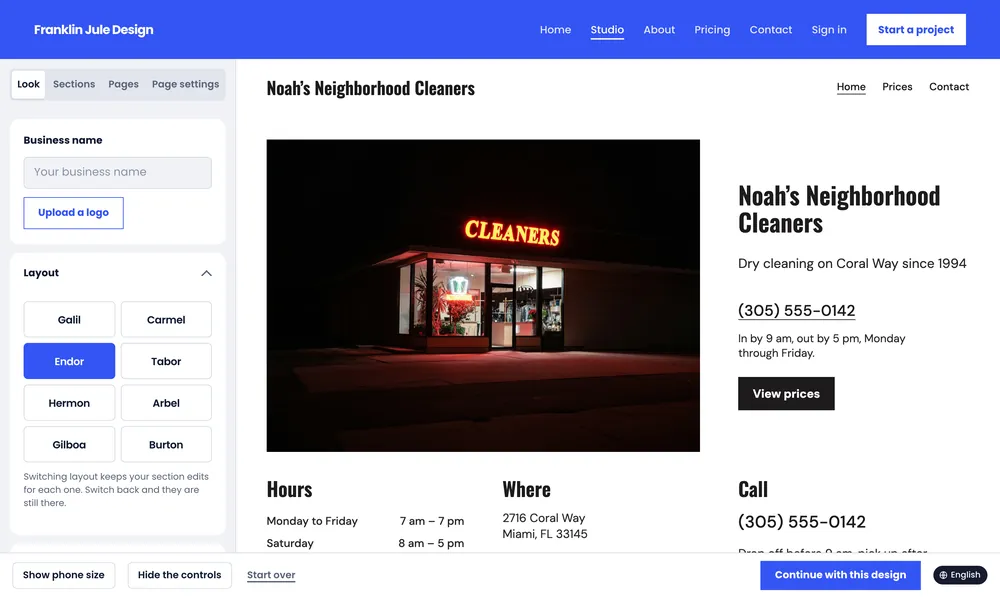 The Endor layout: a night photo of a lit Cleaners sign on the left, the shop name, phone number and a View prices button on the right, the hours and address below, on a white page.