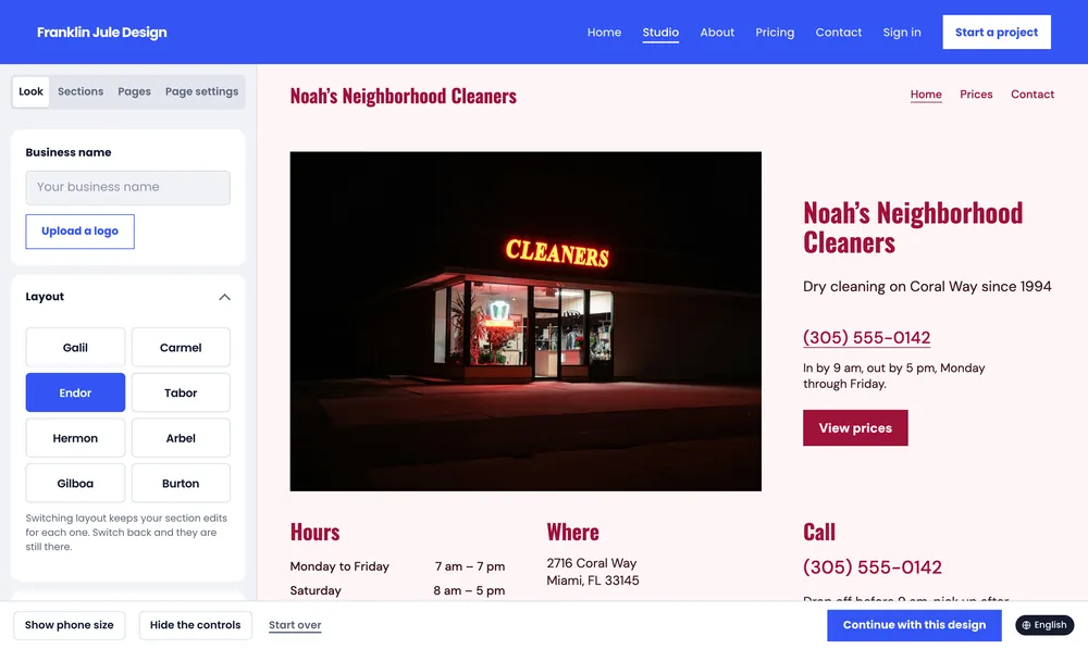 Endor again in the Cherry colors: deep red headings, phone number and button on a pale pink page.