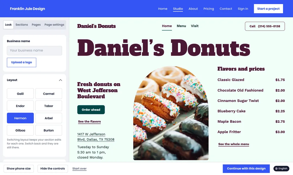The Hermon layout in Teal: Daniel’s Donuts in a heavy slab type, a photo of sprinkled donuts and the flavors with their prices, on a pale mint page.