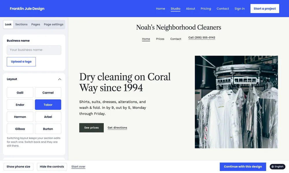 The Tabor layout: the shop name centered above “Dry cleaning on Coral Way since 1994” in a dark serif, beside a photo of clothes on a rack, on a light page.