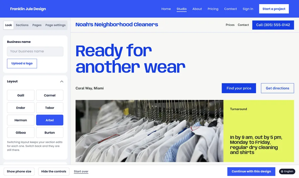 The Arbel layout: “Ready for another wear” in big blue lettering over a wide photo of shirts on a rack, with a lime panel giving the turnaround.