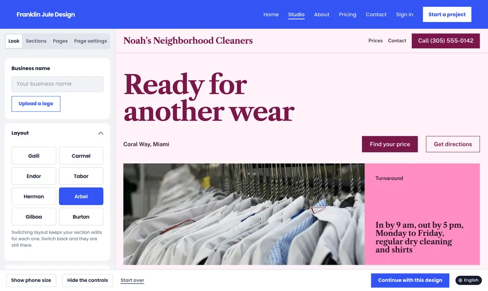 Arbel in the Berry colors, a pale pink page, the headings in Libre Caslon, a serif.