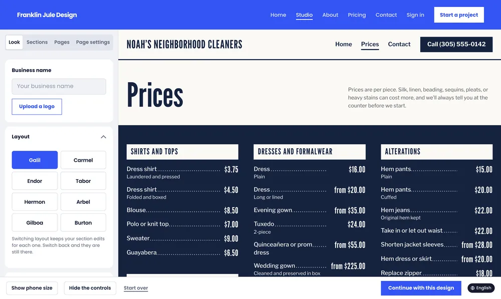 Galil’s Prices page: shirts and tops, dresses and formalwear, and alterations prices in three columns on a navy band.