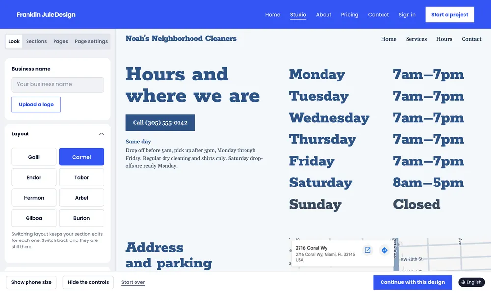 Carmel’s Hours page in the Denim colors: each day’s hours in large blue type, the same-day note, and a map of Coral Way.