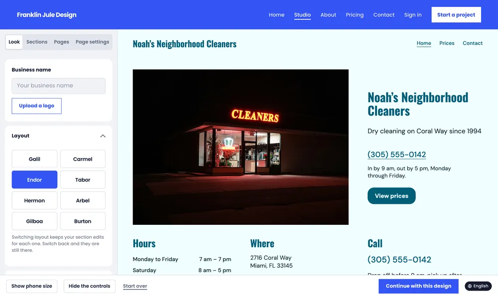 Endor in the Pool colors, dark teal on a pale aqua page, with a rounded View prices button beside the lit Cleaners sign.
