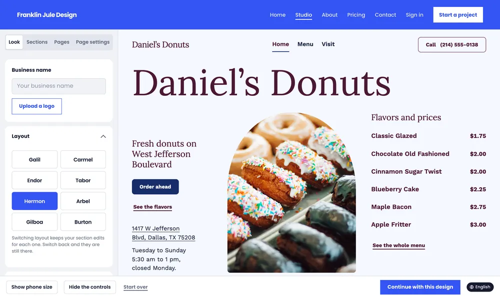 Hermon in the Royal colors with Lora headings: Daniel’s Donuts in a serif, the flavors and prices, beside the photo of sprinkled donuts, on a pale blue page.