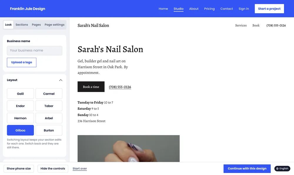 The studio showing Gilboa, the nail salon design: the salon’s name, a Book a time button and the week’s hours above a photo of a manicure.