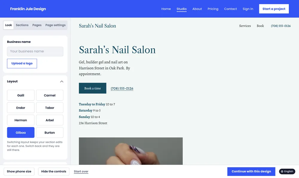 Gilboa in the Porcelain colors with Caslon headings: the same nail salon page in deep teal on a pale grey.