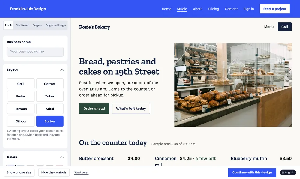 The studio showing Burton, Rosie’s Bakery’s own design: the headline beside a photo of the bakery case, with Order ahead and What’s left today buttons.