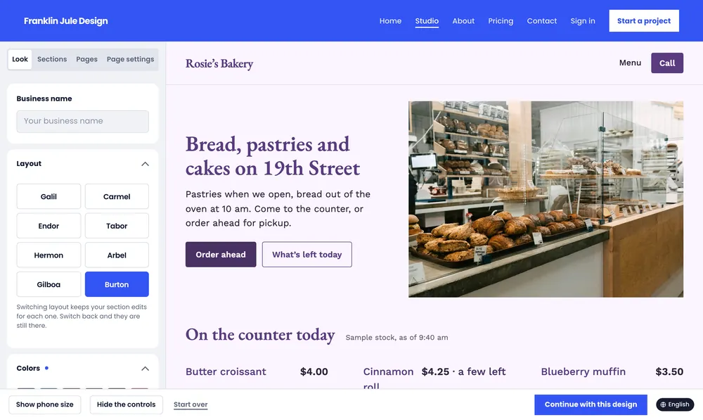 Burton in the Lilac colors with EB Garamond headings: deep purple headings and buttons on a pale lilac page, beside the photo of the bakery case.